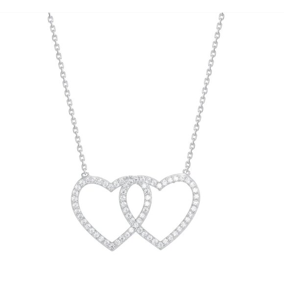 Sterling Silver 925 Rhodium Plated Double CZ Heart Necklace